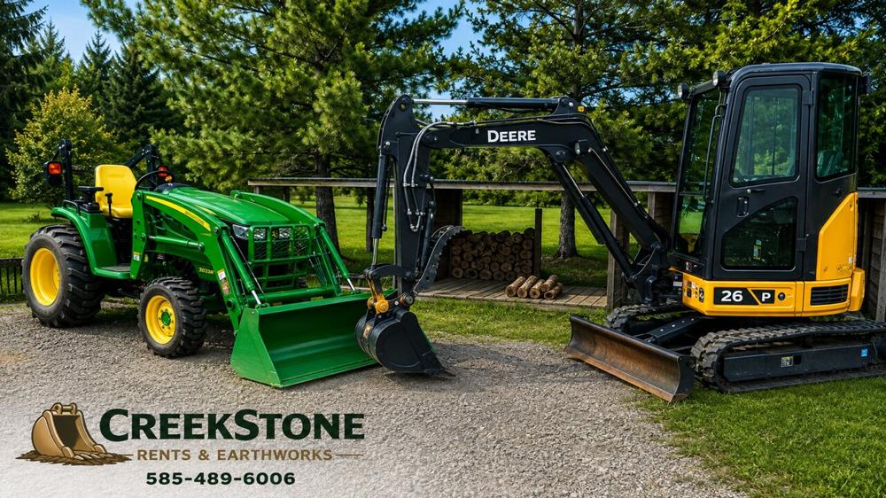 John Deere 3033R compact tractor and 26 P-Tier compact excavator at CreekStone Rents in Rochester, NY