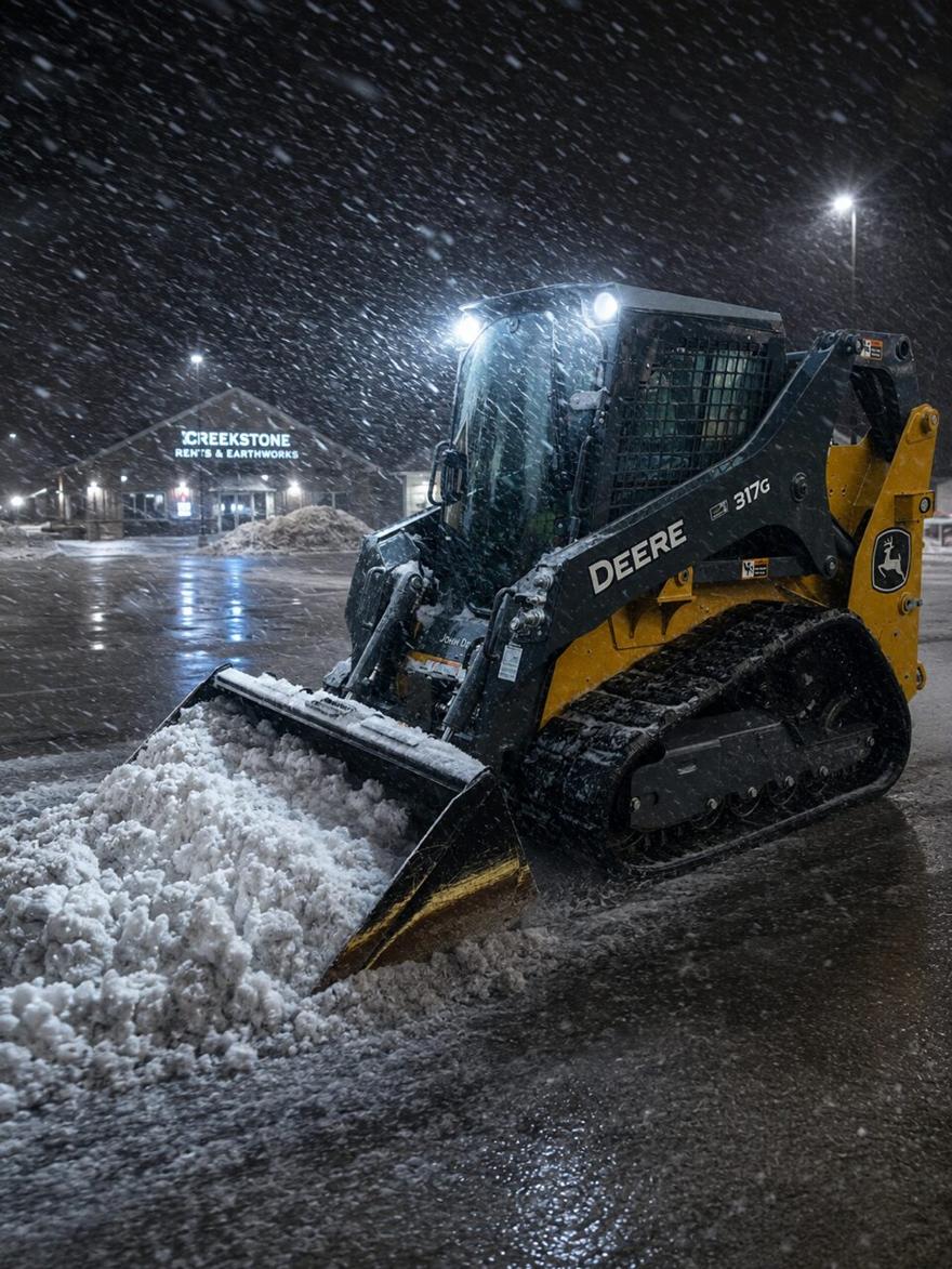 John Deere 317G compact track loader clearing snow at night outside CreekStone Rents in Rochester, NY